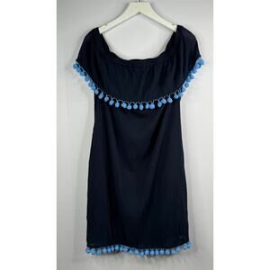 STS Sail to Sable Pom Pom Fringe Dress Blue Sz M Resortwear Beach Off Shoulder